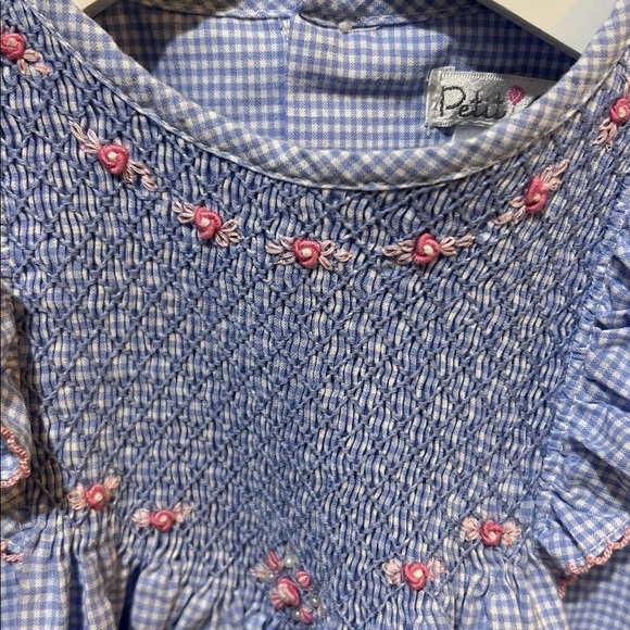 Petit Ami smocked long sleeve dress size 18M blue/white with pink rosettes - Picture 5 of 5